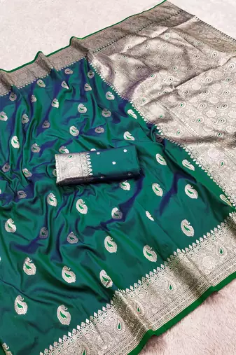 Sea green soft silk blend saree with zari weaving meenakari design