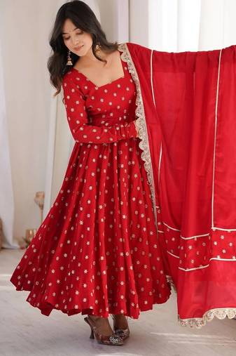 Red elegant chinnon silk blend anarkali suit set