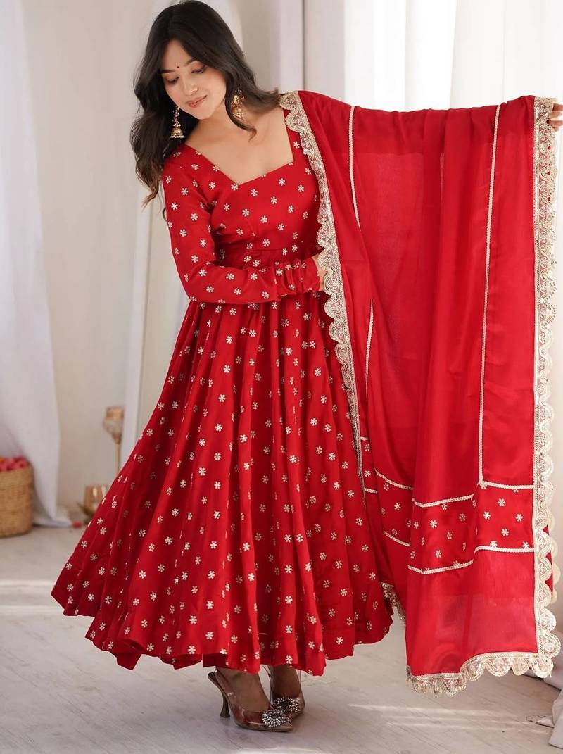 Red elegant chinnon silk blend anarkali suit set