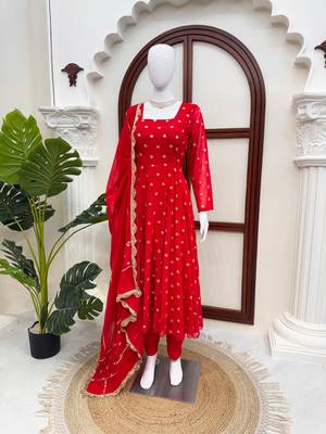 Red elegant chinnon silk blend anarkali suit set 2