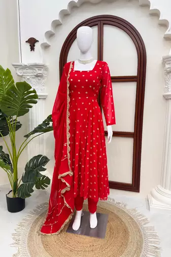 Red elegant chinnon silk blend anarkali suit set