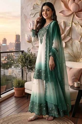 Teal premium dual tone georgette embroidered palazzo suit