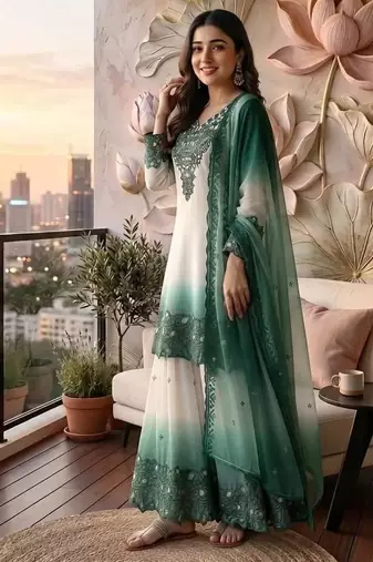 Teal premium dual tone georgette embroidered palazzo suit