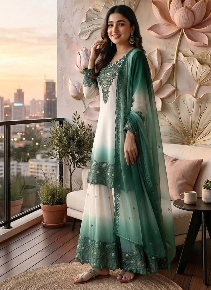 Teal premium dual tone georgette embroidered palazzo suit