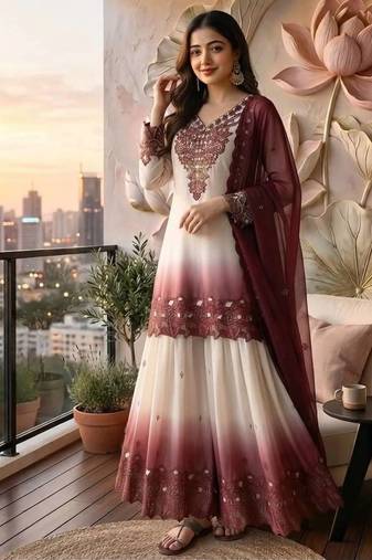 Wine premium dual tone georgette embroidered palazzo suit