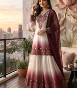 Wine premium dual tone georgette embroidered palazzo suit