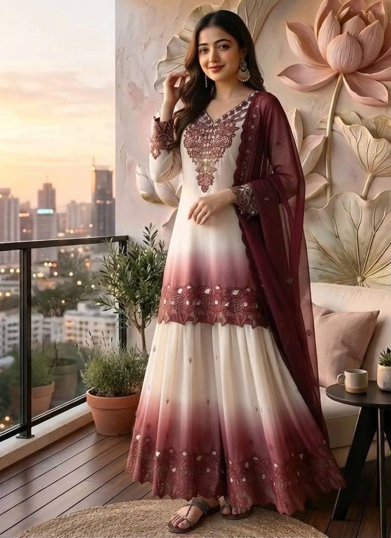 Wine premium dual tone georgette embroidered palazzo suit