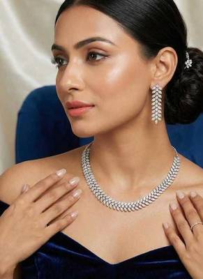 silver leaf cz necklace and earrings set  bridal wedding jewellery 1
