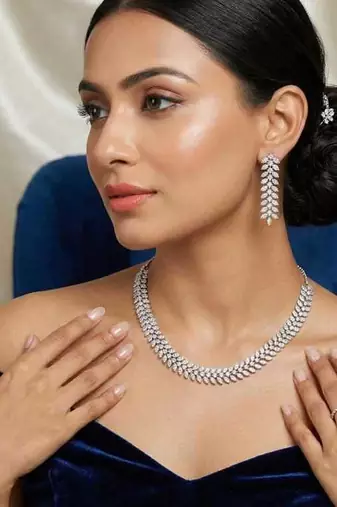 silver leaf cz necklace and earrings set | bridal wedding jewellery
