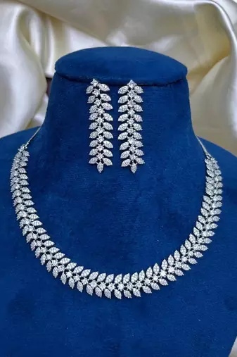 silver leaf cz necklace and earrings set | bridal wedding jewellery