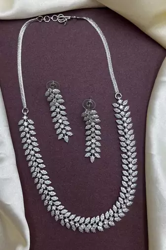 silver leaf cz necklace and earrings set | bridal wedding jewellery