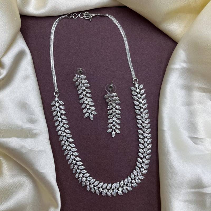 silver leaf cz necklace and earrings set  bridal wedding jewellery