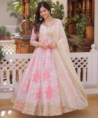 Pink sequins zari embroidered russian silk anarkali gown with dupatta 1