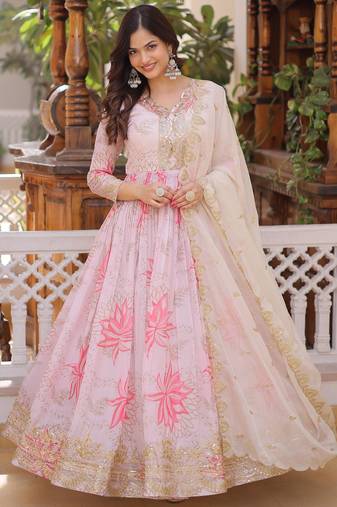 Pink sequins zari embroidered russian silk anarkali gown with dupatta