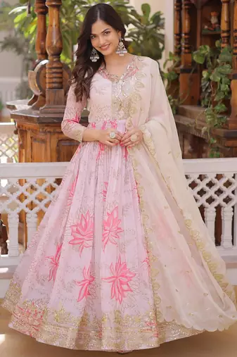 Pink sequins zari embroidered russian silk anarkali gown with dupatta