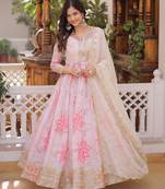 Pink sequins zari embroidered russian silk anarkali gown with dupatta