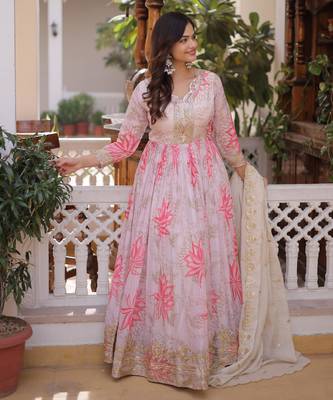 Pink sequins zari embroidered russian silk anarkali gown with dupatta 2