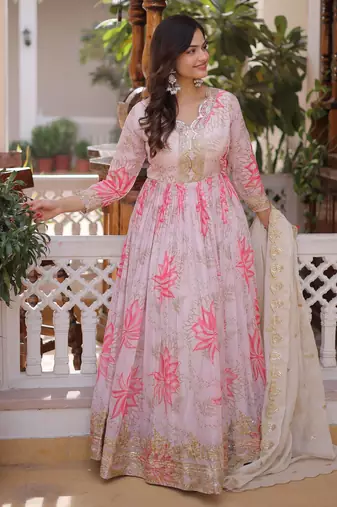 Pink sequins zari embroidered russian silk anarkali gown with dupatta