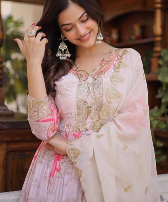 Pink sequins zari embroidered russian silk anarkali gown with dupatta 3