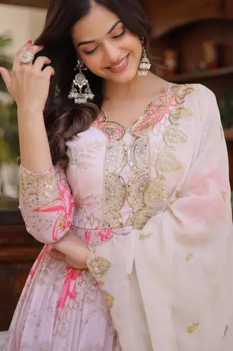 Pink sequins zari embroidered russian silk anarkali gown with dupatta