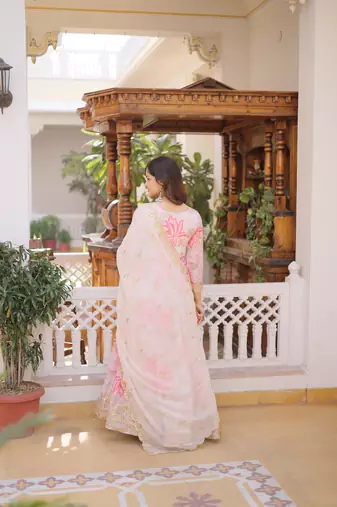 Pink sequins zari embroidered russian silk anarkali gown with dupatta
