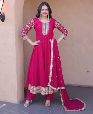 Pink sequins zari embroidered faux blooming anarkali gown set 1