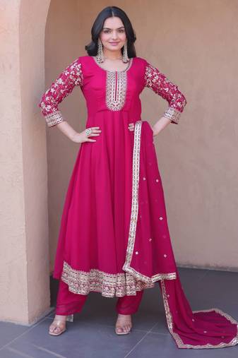 Pink sequins zari embroidered faux blooming anarkali gown set
