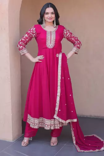 Pink sequins zari embroidered faux blooming anarkali gown set