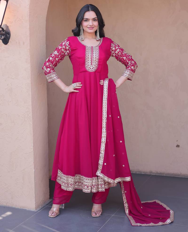 Pink sequins zari embroidered faux blooming anarkali gown set