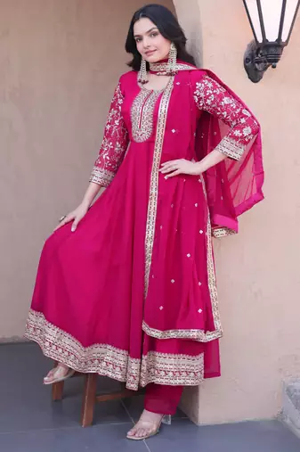 Pink sequins zari embroidered faux blooming anarkali gown set
