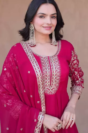 Pink sequins zari embroidered faux blooming anarkali gown set