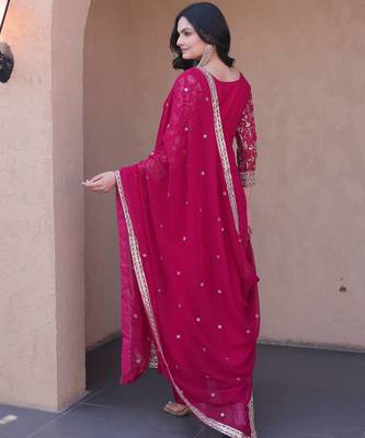 Pink sequins zari embroidered faux blooming anarkali gown set 4