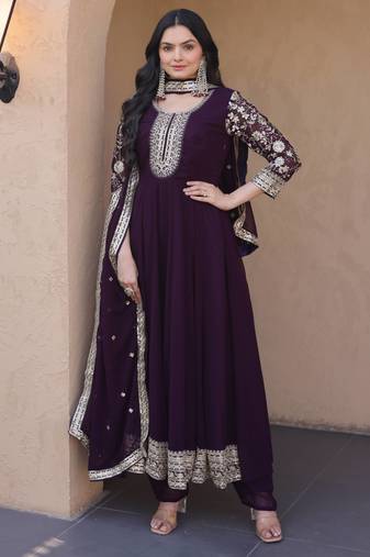 Wine sequins zari embroidered faux blooming anarkali gown set