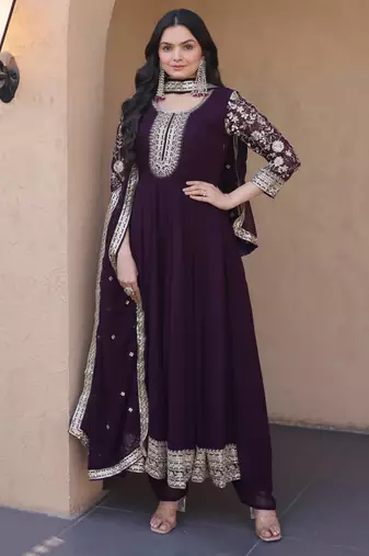 Wine sequins zari embroidered faux blooming anarkali gown set