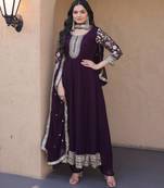 Wine sequins zari embroidered faux blooming anarkali gown set