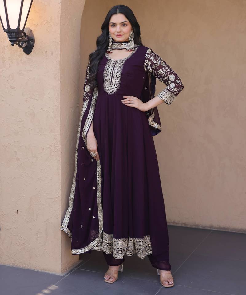 Wine sequins zari embroidered faux blooming anarkali gown set