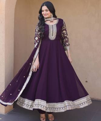 Wine sequins zari embroidered faux blooming anarkali gown set 2