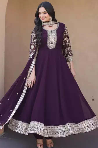Wine sequins zari embroidered faux blooming anarkali gown set