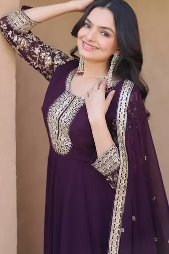 Wine sequins zari embroidered faux blooming anarkali gown set