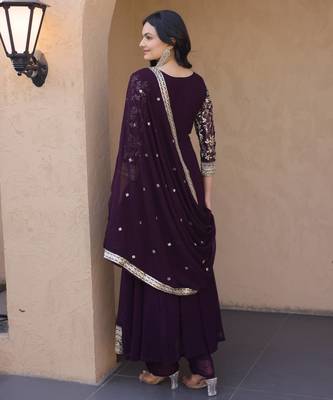 Wine sequins zari embroidered faux blooming anarkali gown set 4
