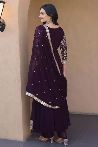 Wine sequins zari embroidered faux blooming anarkali gown set