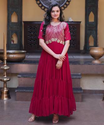 Pink sequins zari embroidered russian silk anarkali gown 1