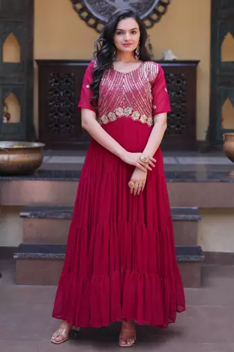 Pink sequins zari embroidered russian silk anarkali gown