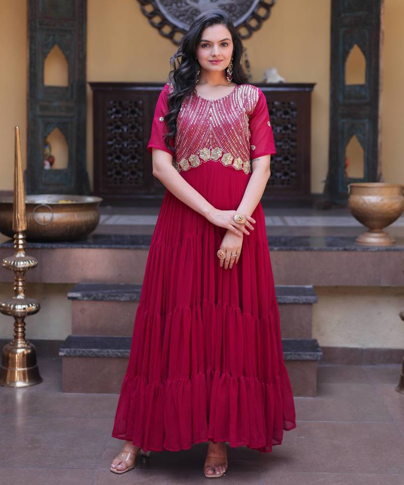 Pink sequins zari embroidered russian silk anarkali gown