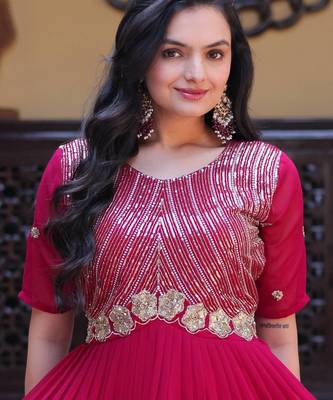 Pink sequins zari embroidered russian silk anarkali gown 2