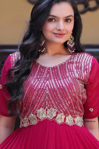Pink sequins zari embroidered russian silk anarkali gown