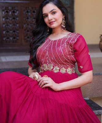 Pink sequins zari embroidered russian silk anarkali gown 3