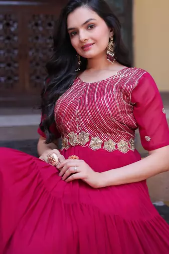 Pink sequins zari embroidered russian silk anarkali gown