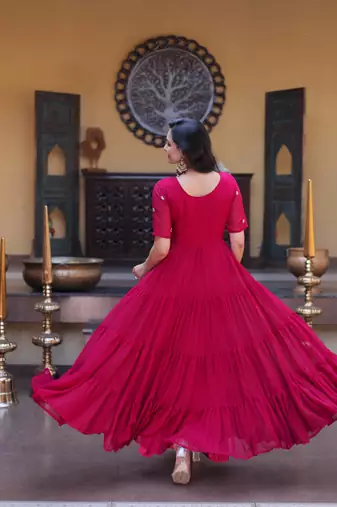 Pink sequins zari embroidered russian silk anarkali gown