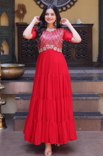 Red sequins zari embroidered russian silk anarkali gown